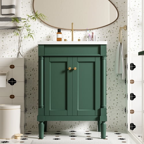 24" Sturdy Modern Freestanding Vanity Cabinet, Modern Bathroom Cabinet with Storage Shelf, Freestanding Vanity with Ceramic Sink for Bathroom, Green