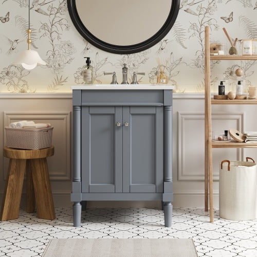 24" Sturdy Modern Freestanding Vanity Cabinet, Modern Bathroom Cabinet with Storage Shelf, Freestanding Vanity with Ceramic Sink for Bathroom, Grey