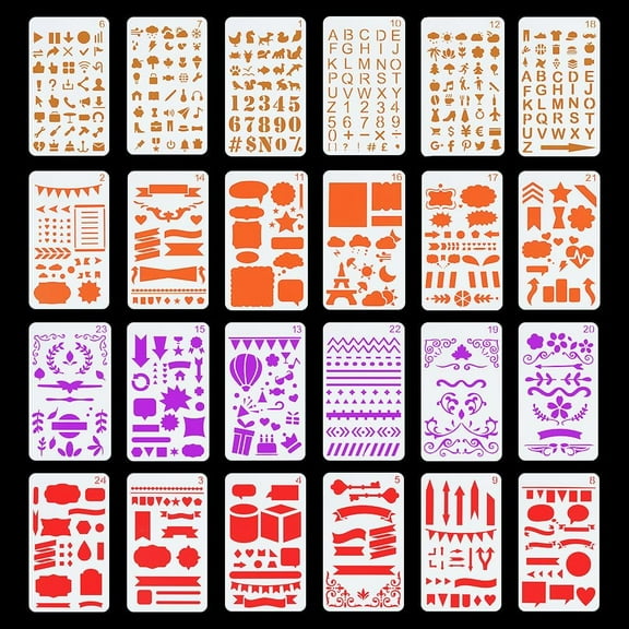 24 Styles 4"x7" Plastic Journal Planner Templates Journaling Letter Number Stencil Set Arrow Line Stencils Geometric Figure Reusable Template for Notebook Diary Scrapbook Craft Painting white