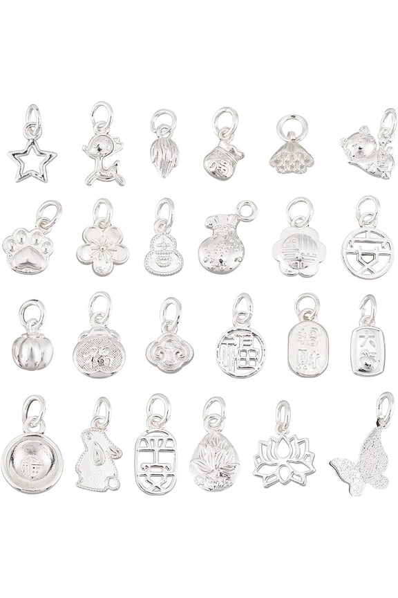 24 Styles Lucky Charms Pendants Brass Silver Charms Animal Butterfly Flower Pendant DIY Jewelry Making Accessories Bulk with Jump Ring for Earrings Necklace Bracelet Craft Making, 24pcs