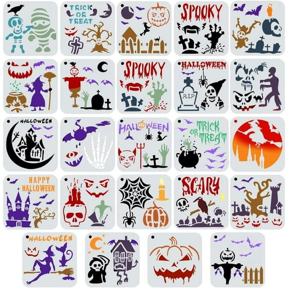 24 Styles Pumpkin Faces Stencil Plastic Halloween Drawing Templates Hollow Out Happy Halloween Ghost Witch Hat Spiders Bats Ornaments Moon Cross Tombstone Skull Reaper Gnomes Castle Stencil