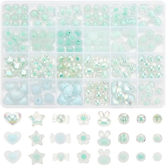 24 Styles Transparent Acrylic Beads 171pcs Mixed Flower Heart Star Acrylic Beads Crystal Round Spacer Beads for Jewelry Making Loose Craft Beads for Bracelet Necklace Earring Making Green