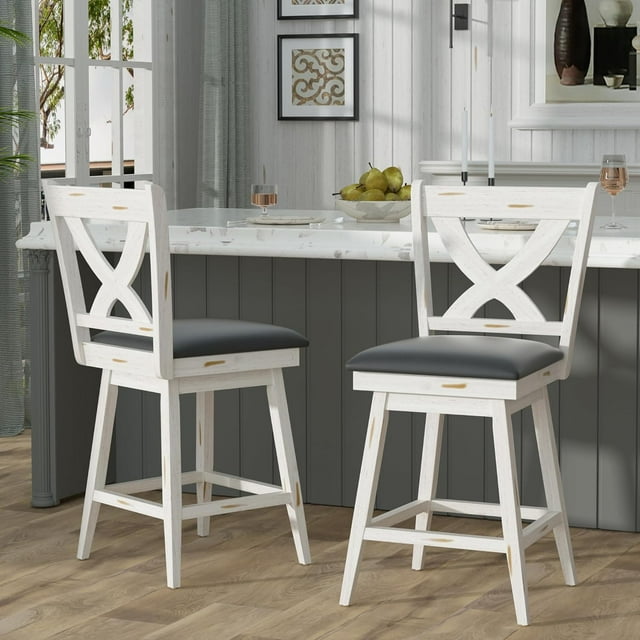 24" Swivel Counter Height Stools, High Back Swivel Bar Stools with Grey Faux Leather Upholstered Seat & Solid Wood Footrest, Counter Bar Chairs for Kitchen Island & Pub (Antique White, Set of 2)