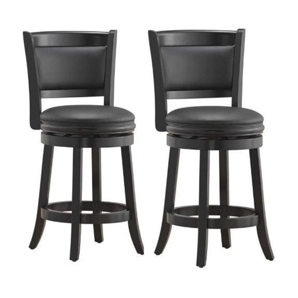 24" Black Faux Leather Swivel Counter Stools with Wood Legs, Set of 2