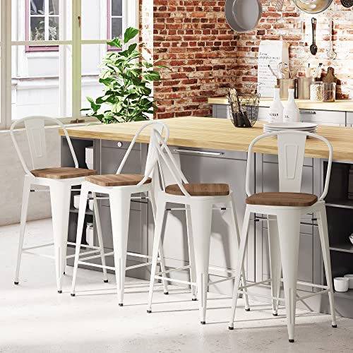24" Swivel Metal Bar Stools Set of 4 Counter Height Bar Chairs Industrial High Back Barstools with Large Wooden Seat Cream White