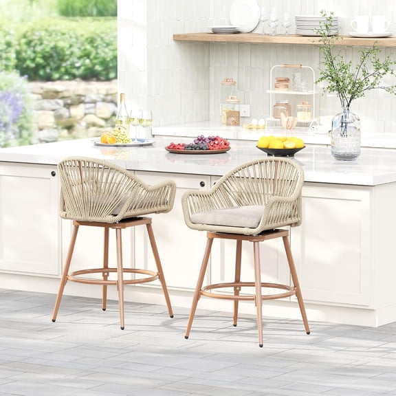 24 Swivel Rattan Bar Stools Set of 2Counter Height barstools with Curved Backrest & FootrestHeavy-Duty 300lbs Boho Aluminum Woven Bar Stools for Kitchen Island & Dining Room (Beige, set of 2)