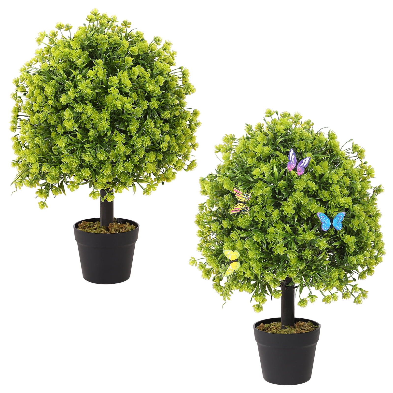 24" Green Plastic Boxwood Topiary Trees with Black Planters, Set of 2