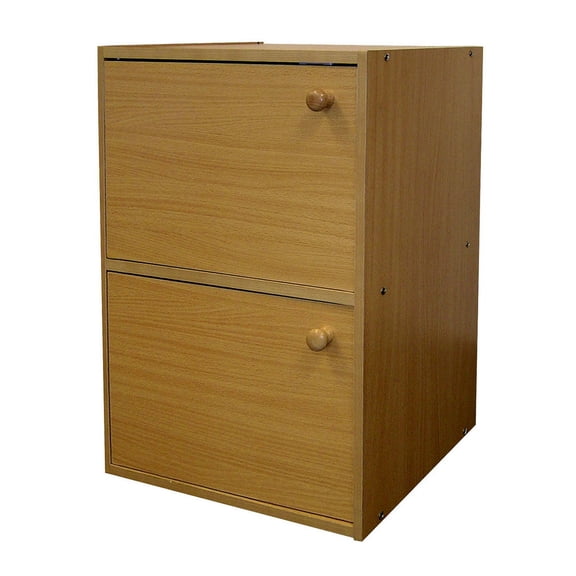 24" Tall 2-Tier Wooden Bookcase / Book Shelf with Doors, Natural Finish