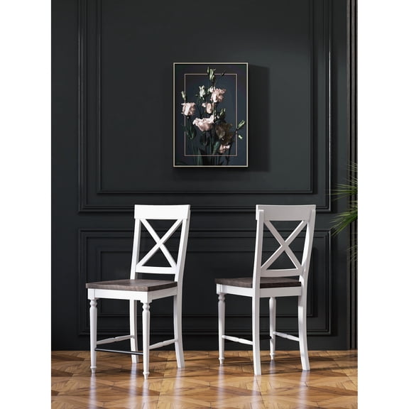 24" Tall Bar Stools, Brown And White, Of 2. Made Solid Wood. Country Style With Dark & Antique White Colors. Simple Assembly Required. 20" X 44.4". Add Charm To Your Home 2 In White. Wood For