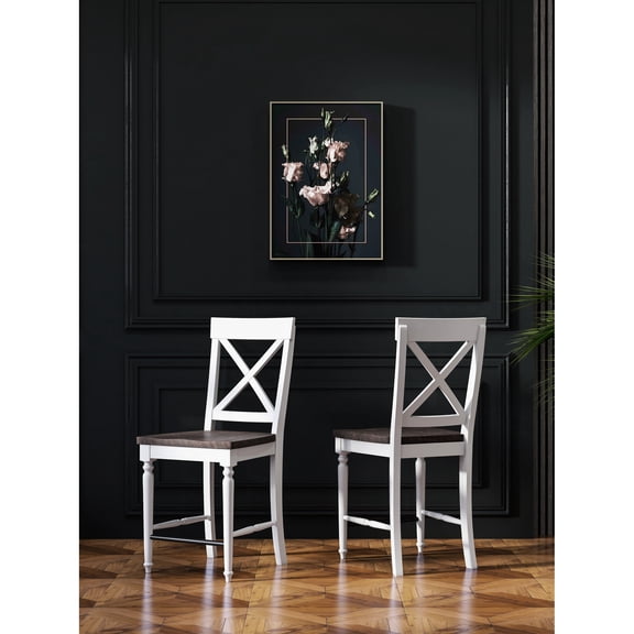 24" Tall Bar Stools, Brown And White Of 2. Solid Wood For Endurance. Country Style In Dark & Antique White. Simple Installation With Screwdriver. 20" W X D 44.4" H Stools , Stable Construction. To