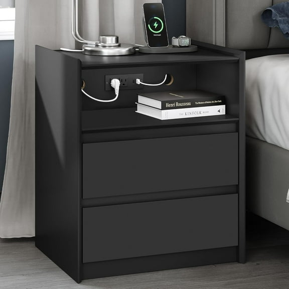 2 Drawers Black Nightstand with Charging Station, 24" Tall Bedside Table End Table for Bedroom or Living Room