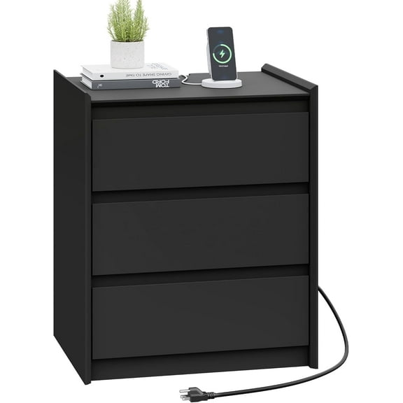 3 Drawers Black Nightstand with Charging Station, 24" Tall Bedside Table End Table for Bedroom or Living Room