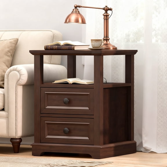24" Tall End Table with Charging Station, Double 18W Fast Charge End Table, Large 18" Bedside Table with Drawers, Rustic Wood Storage Cabinet with Open Shelf for Bedroom, Cherry