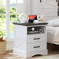thumbnail image 1 of 24” Tall Farmhouse Nightstand, Night Stand with Charging Station, Beside Table with Drawers and Open Storage, Rustic End Tables for Bedroom, Antique White, 1 of 8