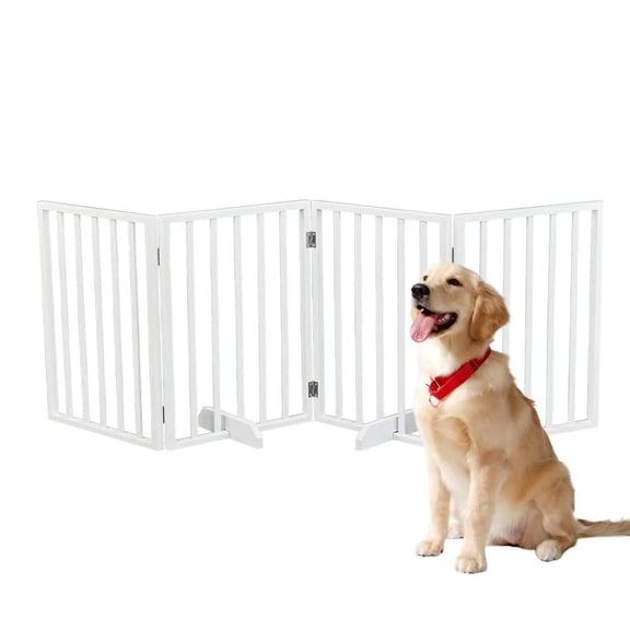 24″ Tall Freestanding Wood Dog Gate with Door for Pets Dog Fence 4-Panel White