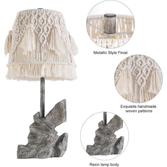 24" Tall Retro Desk Lamp with Bohemian Cotton Rope Macrame Lampshade & Handcrafted Resin Base, Vintage Decorative Table Lamp, Suitable for Living Room, Bedroom, Office - Ivory White