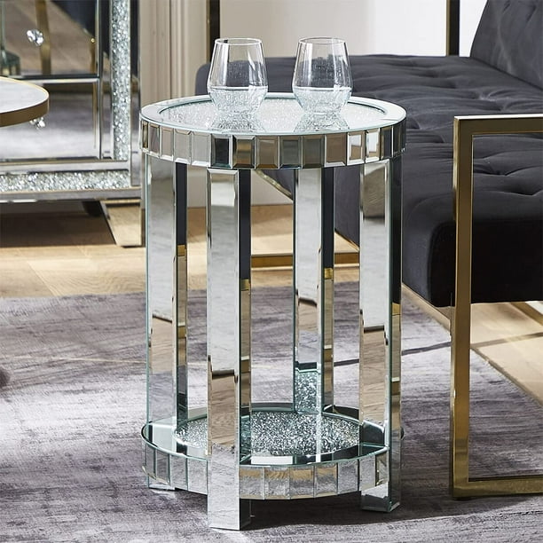 24" Tall Round Table Corner Table Silver Side Table Glass Mirror End Table Accent Table Mirrored