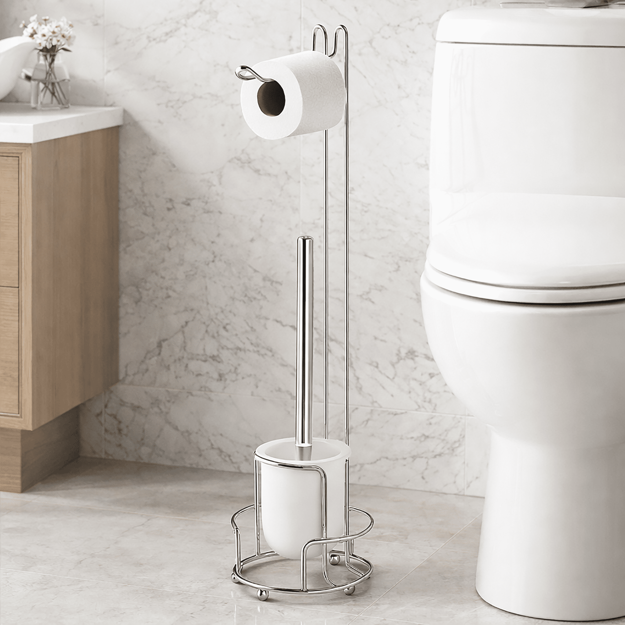 24" Tall - Toilet Paper Holder Stand With Toilet Brush