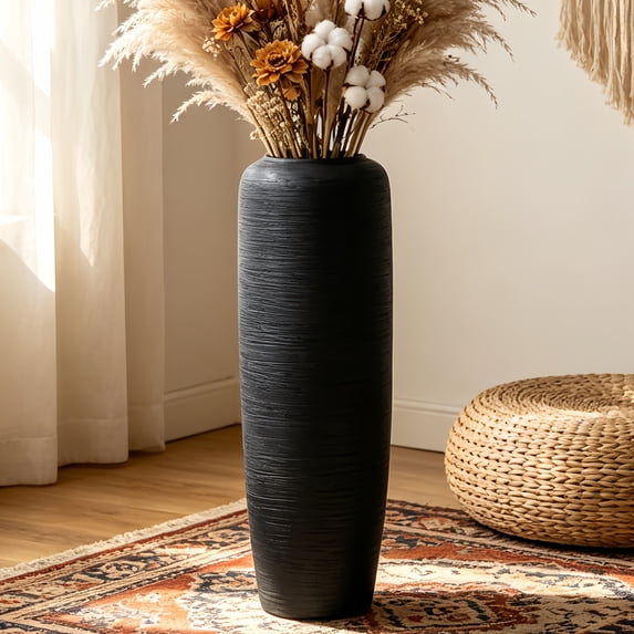 24" Tall Vintage Ceramic Floor Vase, Rustic Boho Style Home Decor, Textured Terracotta Pottery for Living Room, Entryway, Shelf or Mantel Decoration