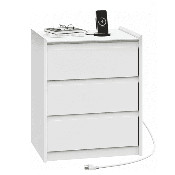 3 Drawers White Nightstand with Charging Station, 24" Tall Bedside Table End Table for Bedroom or Living Room