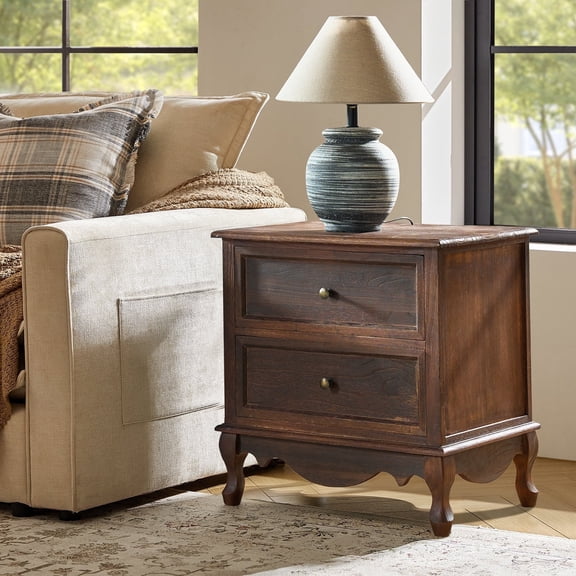 Mid Century 27" Walnut End Table with Charging Station, Solid Wood 2 Drawer Side Table for Bedroom Living Room