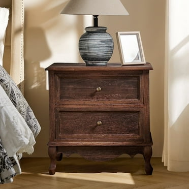 Wooden Nightstand with Charging Station Space 2 Drawers Bedside Table Bedroom Living Room Walnut