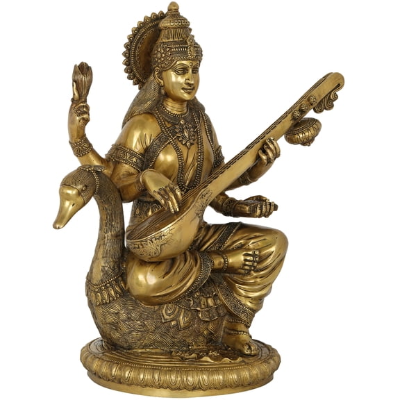 24" Devi Saraswati Brass Sculpture | Indian Handcrafted Statue