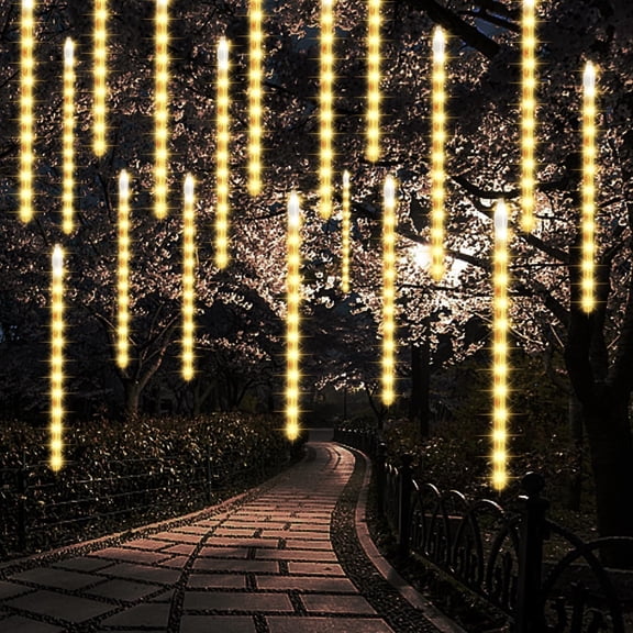 24 Tubes Meteor Shower Lights, Outdoor Icicles Christmas Decor, 12 Inch 864 LED Snow Falling Connectable Raindrop Lights, Xmas Wedding Party Tree Holiday Decoration, Warm White