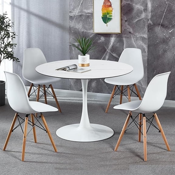 24" Tulip Table for 2-3 Persons Walnut Modern Round Dining Tables Mid-Century Kitchen Table Wooden MDF Top Steel Base Small for Living Room Balcony Leisure (White, 23.6")