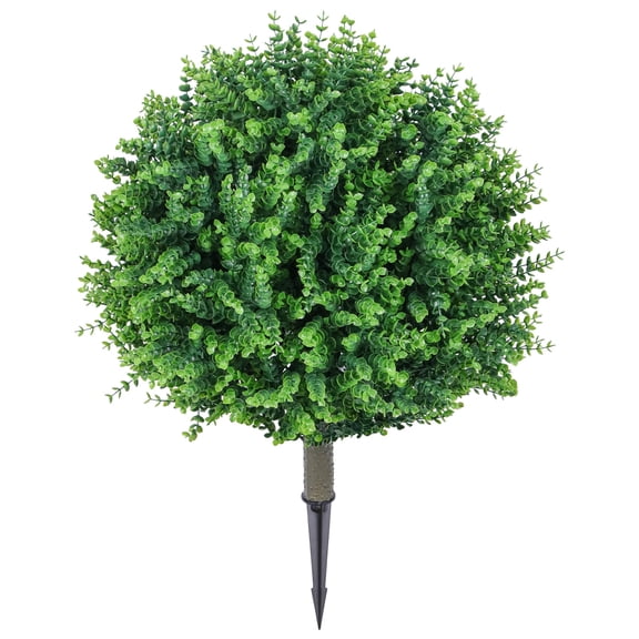 24" UV Resistant Artificial Topiary Ball Trees, Faux Boxwood Rose Eucalyptus Shrubs with Ground Spikes for Indoor Outdoor Decor - Green