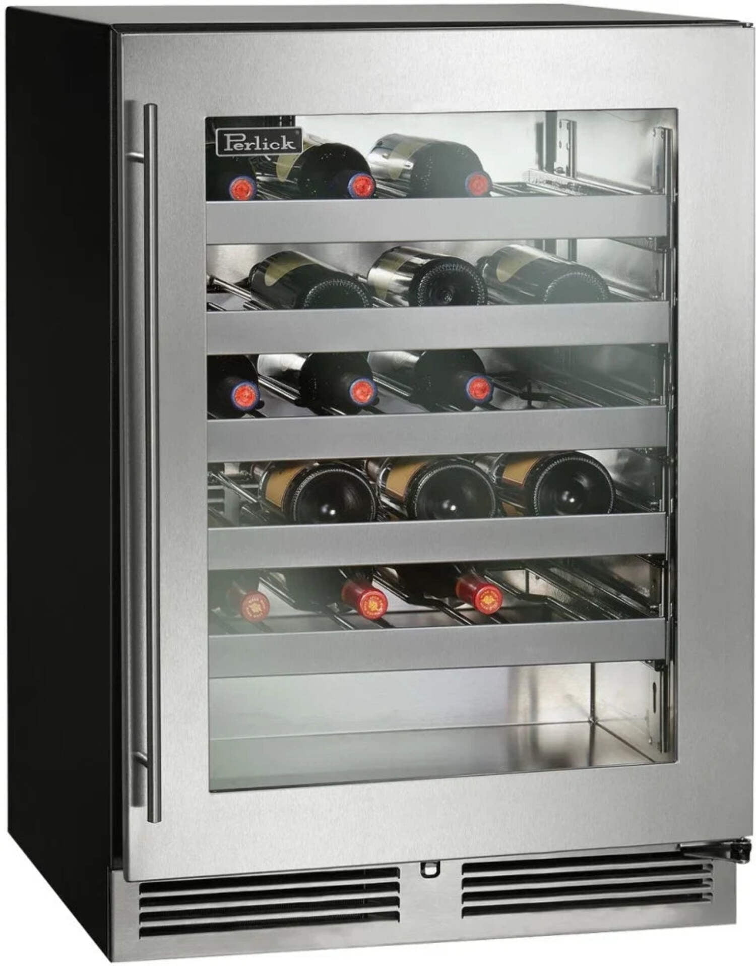 24" Undercounter Wine Reserve, 32 Bottle Capacity, Full Extension Shelves, LED Light, Digital Thermostat, Door Alarm, ADA Compliant, Panel Ready Glass Door, Left Hinge