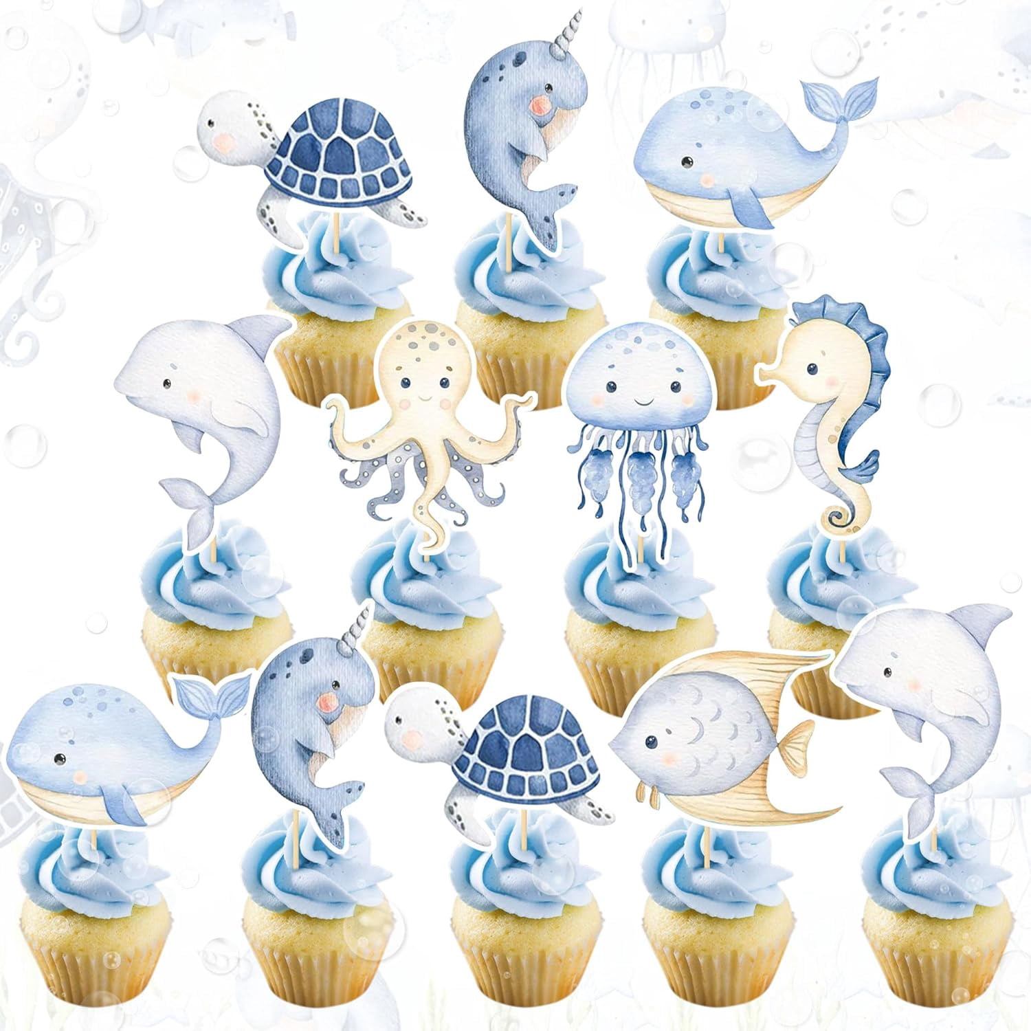 24 Topper Per Cupcake A Tema Oceano - Decorazioni Per Torte, Muffin E Dessert - Feste Bambini E Baby Shower