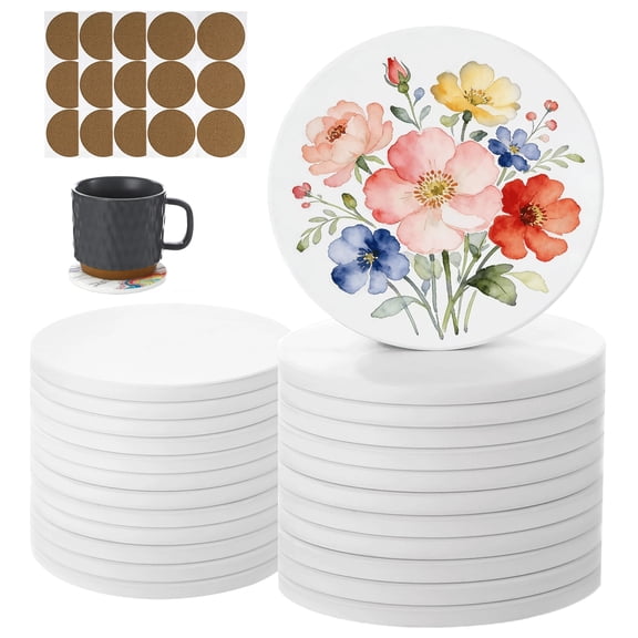 24 Unfinished Round Ceramic Coaster Blanks, 10.2 Cm Absorbent Drink Coasters With Peel-And-Stick Cork Pads, For Crafting And Beverage Protection