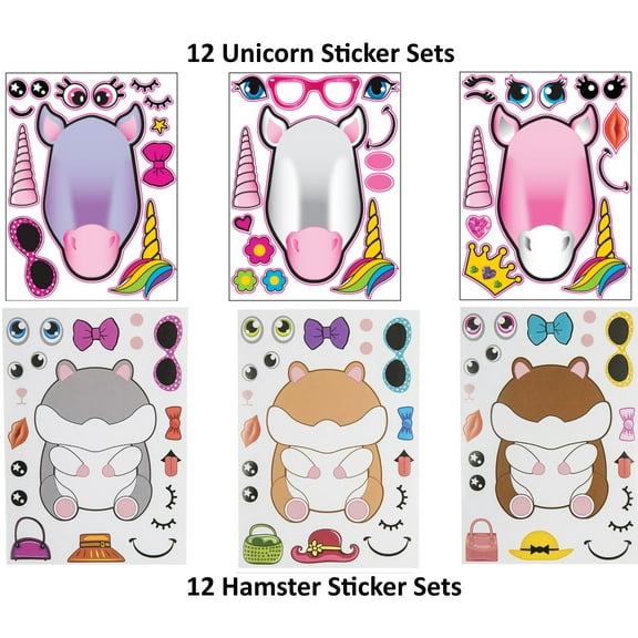 24 Unicorn & Hamster Make a Sticker Scene Sheets (12 Unicorn & 12 Hamster) - Great for Kid's Easter Basket, Stocking Stuffers and Party Favors, Unicorn stickers