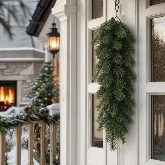 24" Unlit Faux Pine Garland, Artificial Christmas Teardrop Swags, For Indoor Outdoor Door Porch Christmas Decoration