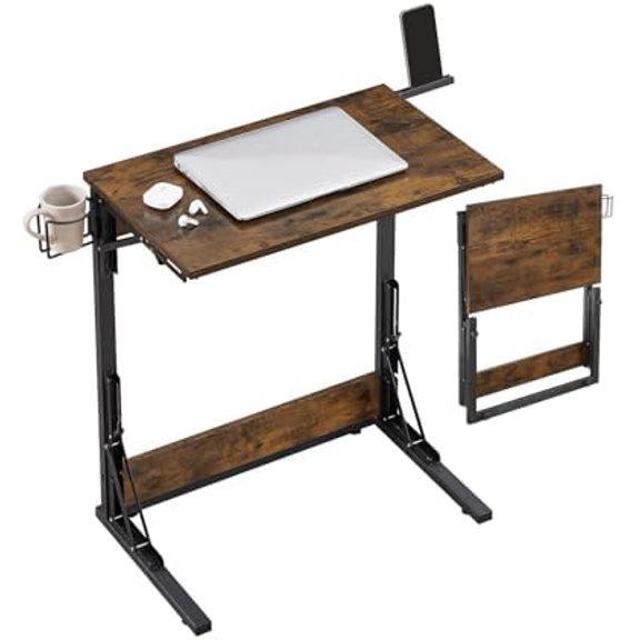 24" Upgraded Folding TV Tray Table, Foldable C Shaped End Table for Couch, TV Dinner Tray with Cup Holder, Small Sofa-Side Laptop Desk for Living Room Bedroom, Rustic Brown$$Furniture