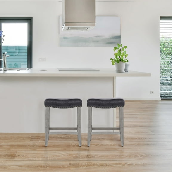 24" Upholstered Saddle Seat Counter Stool (Set of 2) in Black Leather