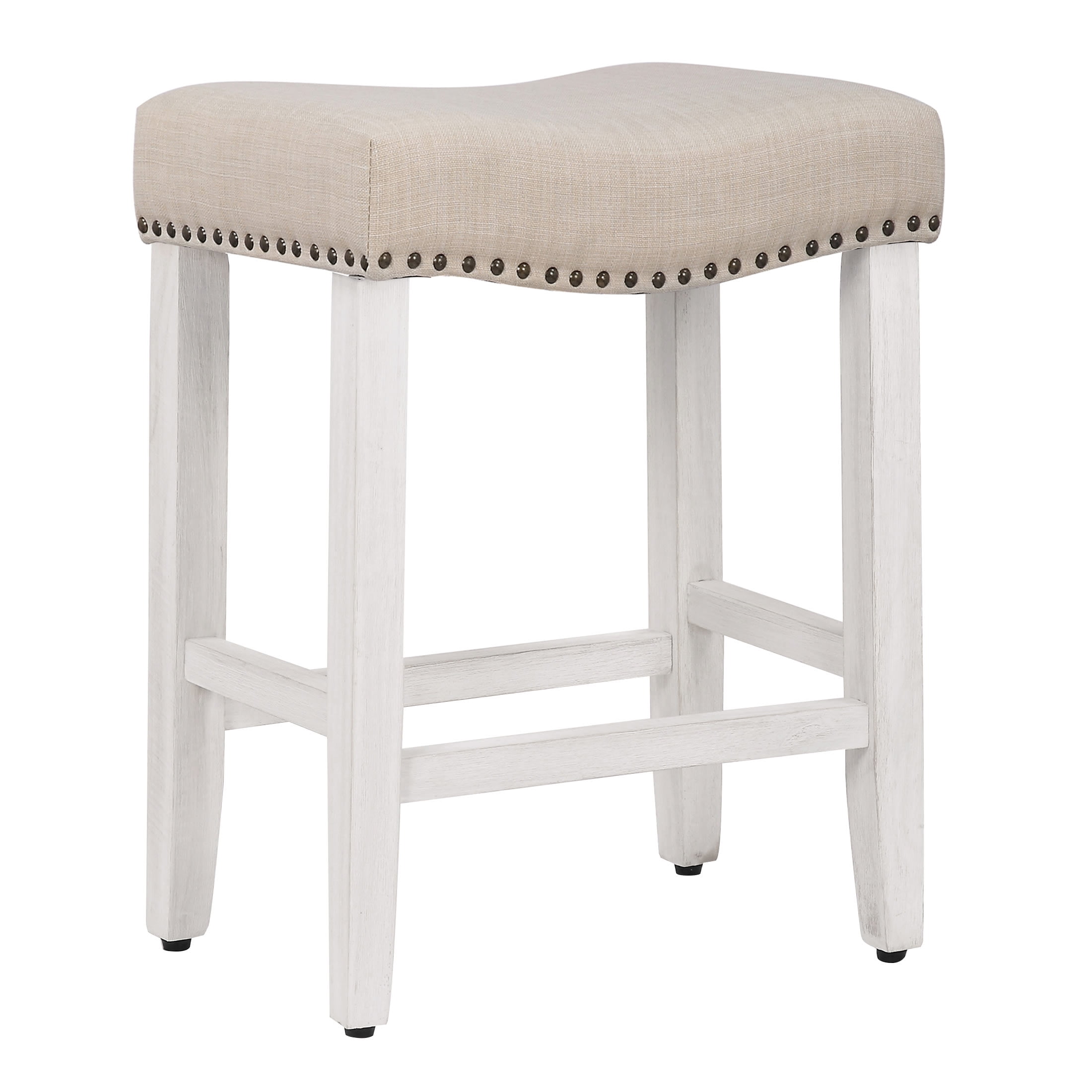 24" Beige Upholstered Saddle Seat Counter Stool with Nailhead Trim