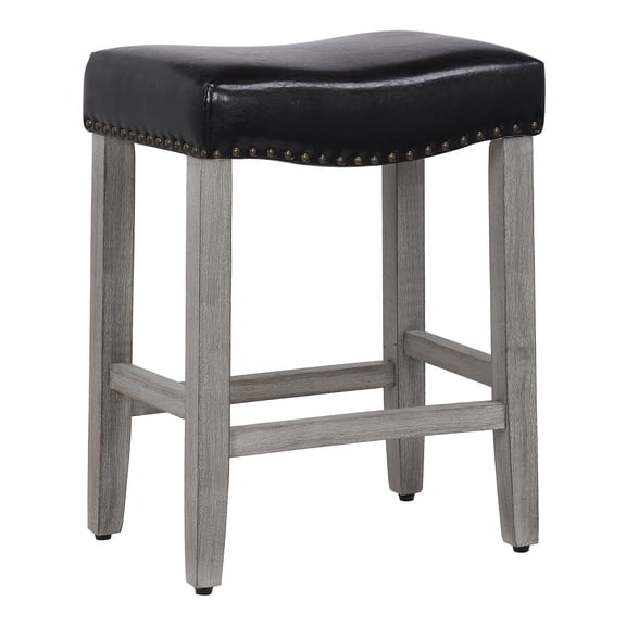 24" Upholstered Saddle Seat Counter Stool in Black Leather