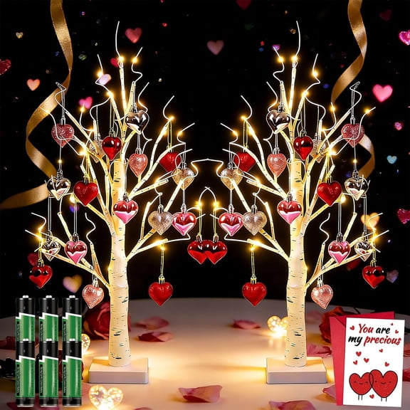 24" Valentine's Day LED Lighted Birch Tree with Heart Ornaments – Warm White Tabletop Artificial Tree Light, 8 Modes Timer Remote, USB/Battery Powered Cozy Decor