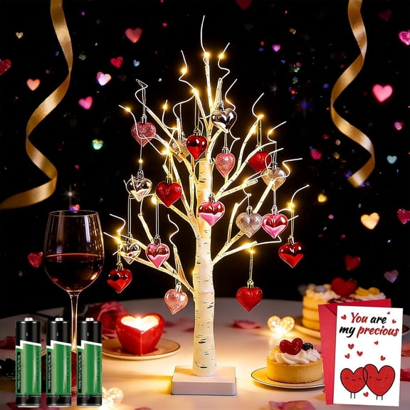 24" Valentine's Day LED Lighted Birch Tree with Heart Ornaments – Warm White Tabletop Artificial Tree Light, 8 Modes Timer Remote, USB/Battery Powered Cozy Decor