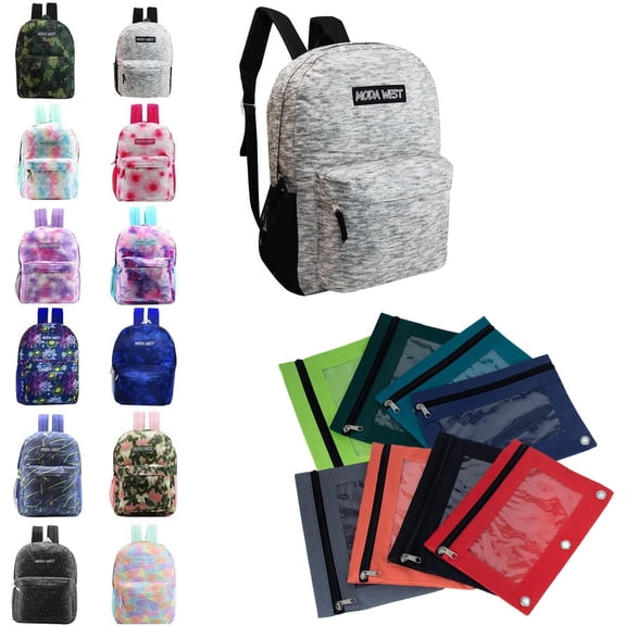24 Value Bundle Pack - 17 Inch Wholesale Sport Backpacks in 12 Assorted Colors with Bulk Assorted Color Pencil Pouch
