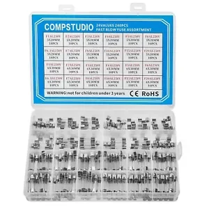 24 Values 240 Pcs Fast Blow Glass Fuses Assortment Kit 5X20Mm&6X30Mm 250V