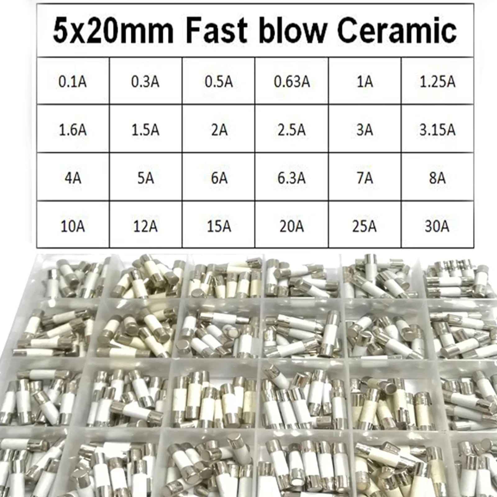24 Valus 5x20mm Ceramic Fuse 0.1A-30A Fast Blow Ceramic Fuses Assortment 360PCS