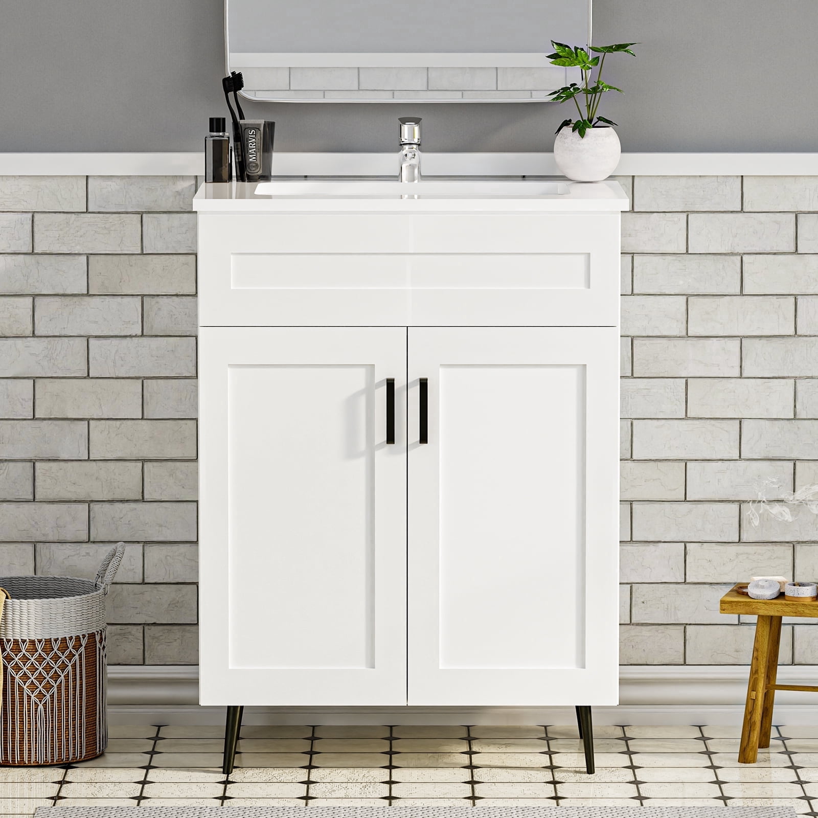 KZElegy 24" Vanity with Ceramic Sink, Wooden Double Soft-Closing Door Bathroom Storage Cabinet, Freestanding Cabinet Vanity with Sink Cabinet Set with Metal Handles (White with Sink, 24)