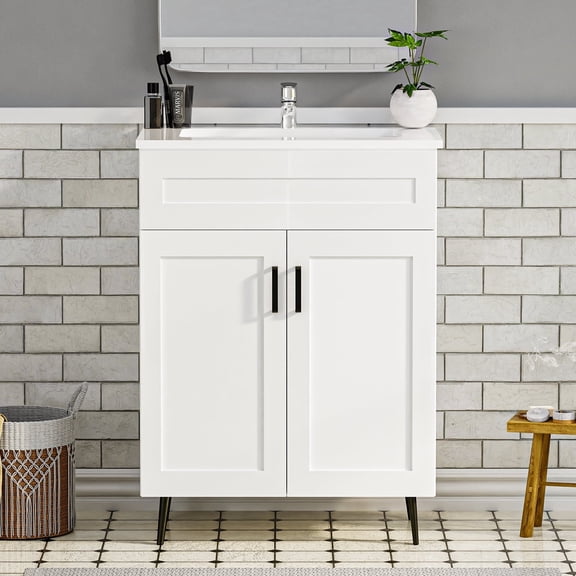 KZElegy 24" Vanity with Ceramic Sink, Wooden Double Soft-Closing Door Bathroom Storage Cabinet, Freestanding Cabinet Vanity with Sink Cabinet Set with Metal Handles (White with Sink, 24)