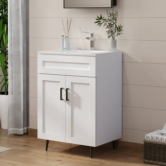 24" Vanity with Ceramic Sink, Wooden Double Door Bathroom Storage Cabinet, Freestanding Cabinet Vanity with Sinkom Cabinet Set with Metal Handles (White with Sink, 24)