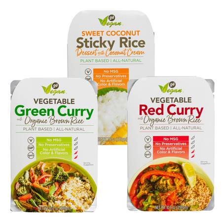 24 Vegan Rice Sampler Pack - Green Curry, Red Curry and Coconut Sticky Rice - Plant Based Meal Kits