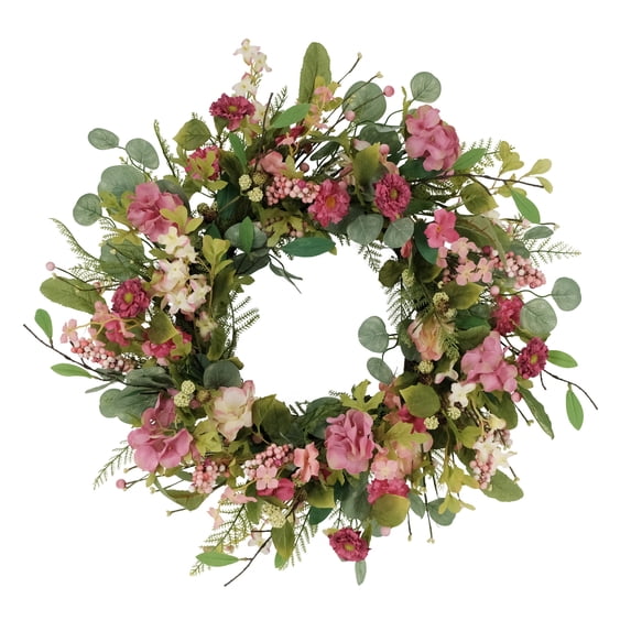CC Christmas Decor Chrysanthemum and Hydrangea Spring Floral Wreath - 24" - Pink and Green