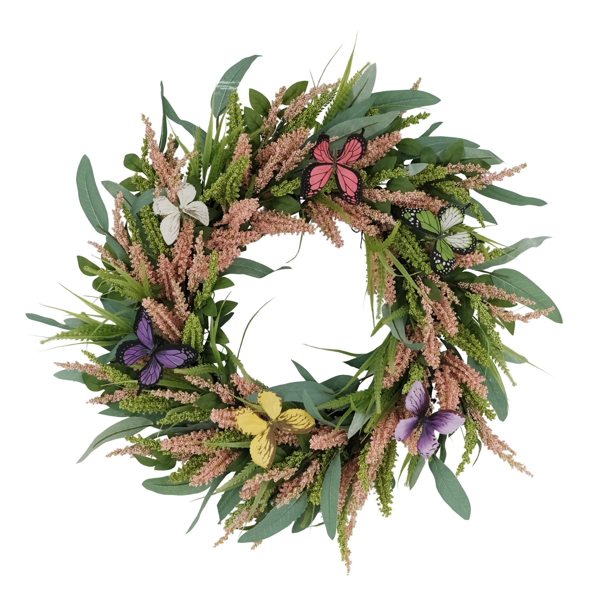 24" Green Artificial Salix Leaf Butterfly Floral Spring Wreath